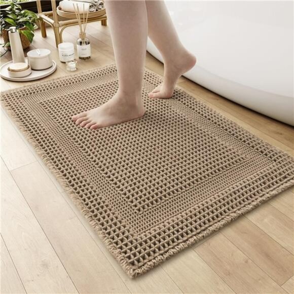 Beige Waffle Bath Mat 17x24 Soft Absorbent Non Slip Washable Boho Bathroom Rug - Picture 1 of 7